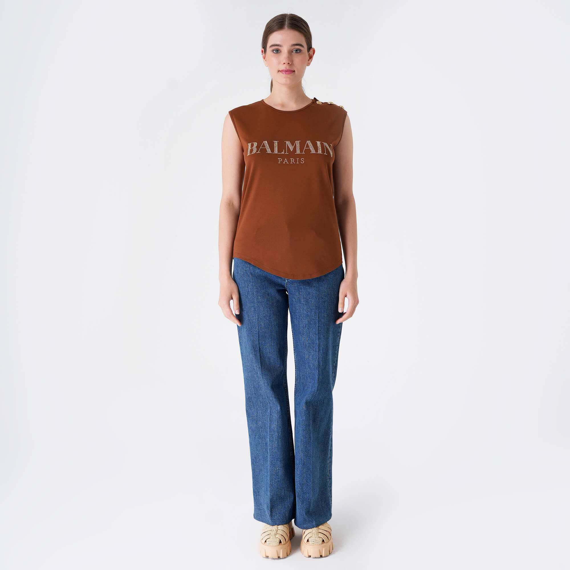 Balmain - Brown&Gold Stone Logo Sleevless Tshirt